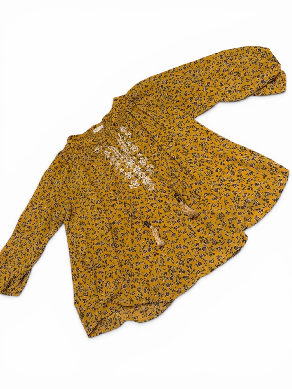 Mason & Belle 1X Mustard Floral Boho Peasant Blouse Embroidered Tassel Top